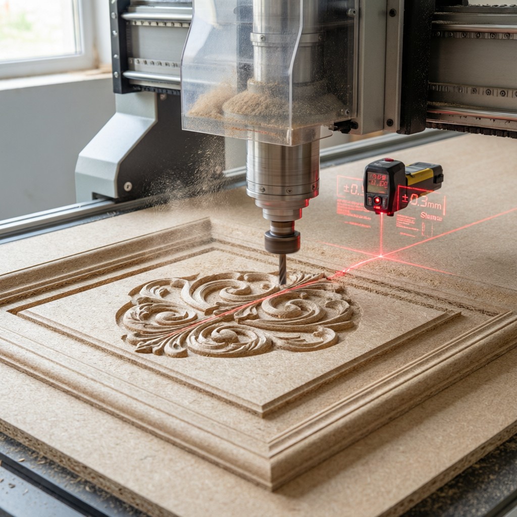 cnc machine cutting cabinet doors from 1 CNC machine cutting cabinet doors from 18mm straw-based MDF with precision tolerance verification