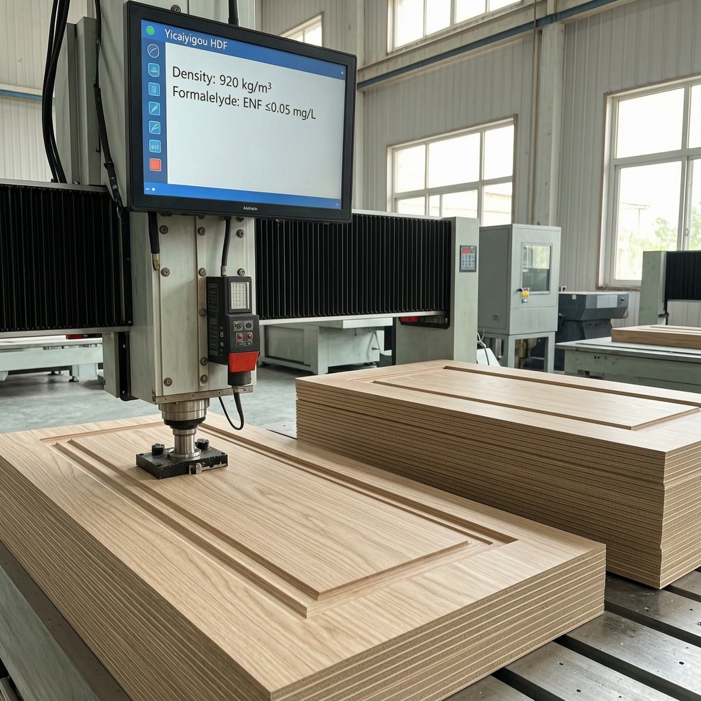 cnc routing door panels from yicaiyigou CNC routing door panels from Yicaiyigou HDF with density and emission specs on screen