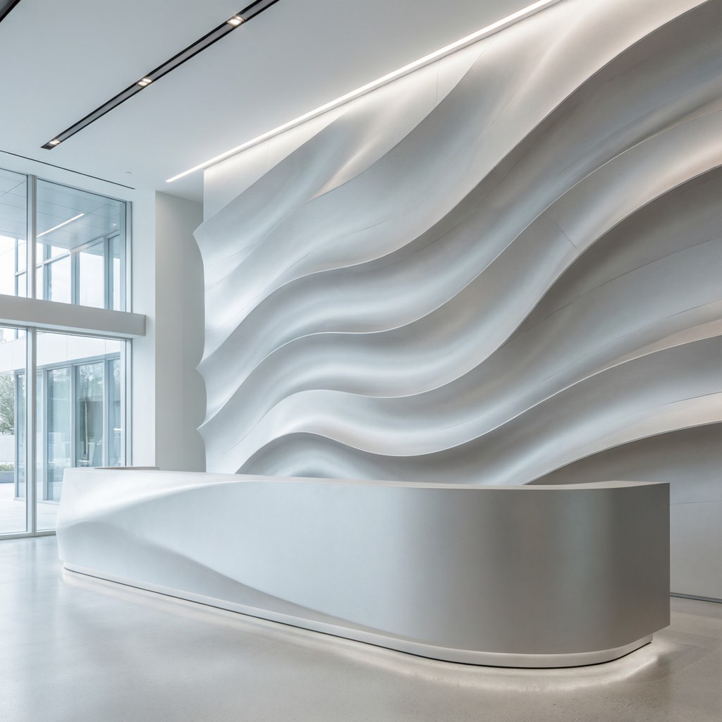 curved mdf reception desk in premium ret Curved MDF reception desk in premium retail space demonstrating seamless bend capability