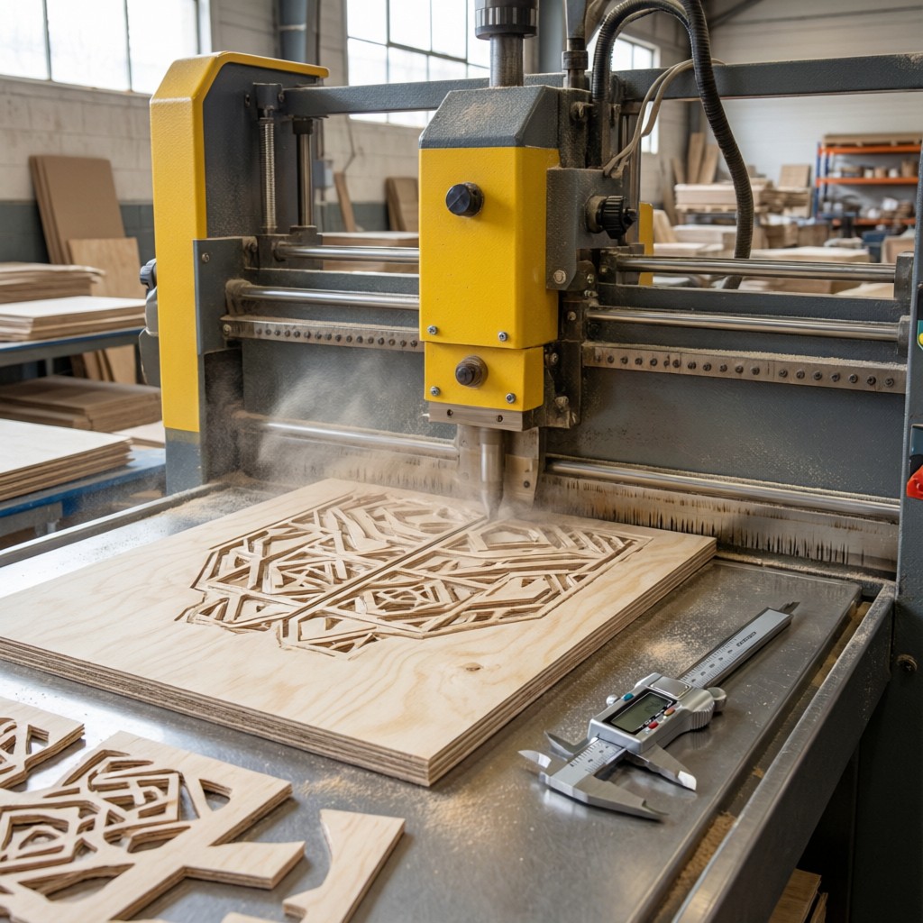 die cutting machine processing structura Die-cutting machine processing structural plywood with precision measurement tools nearby