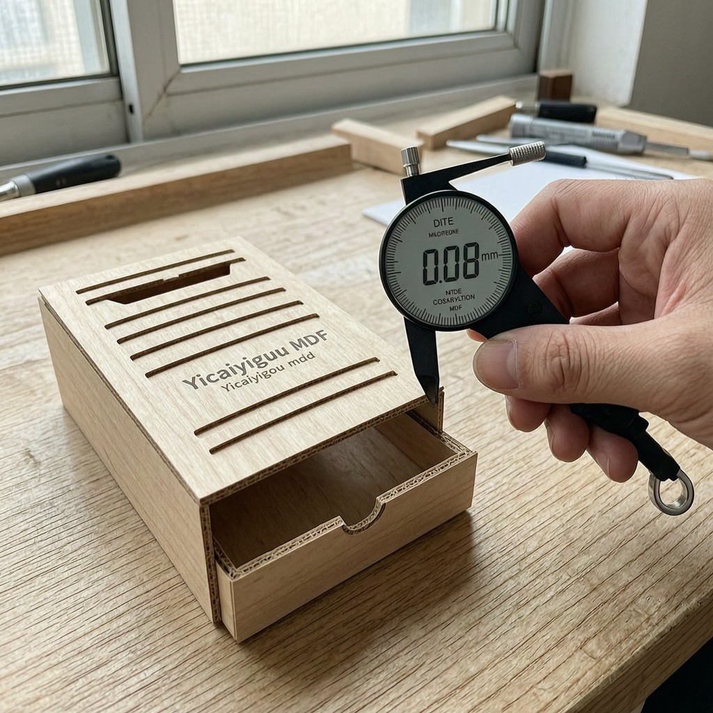 engineer measuring precision die cut edg Engineer measuring precision die-cut edge on MDF panel for cosmetic packaging