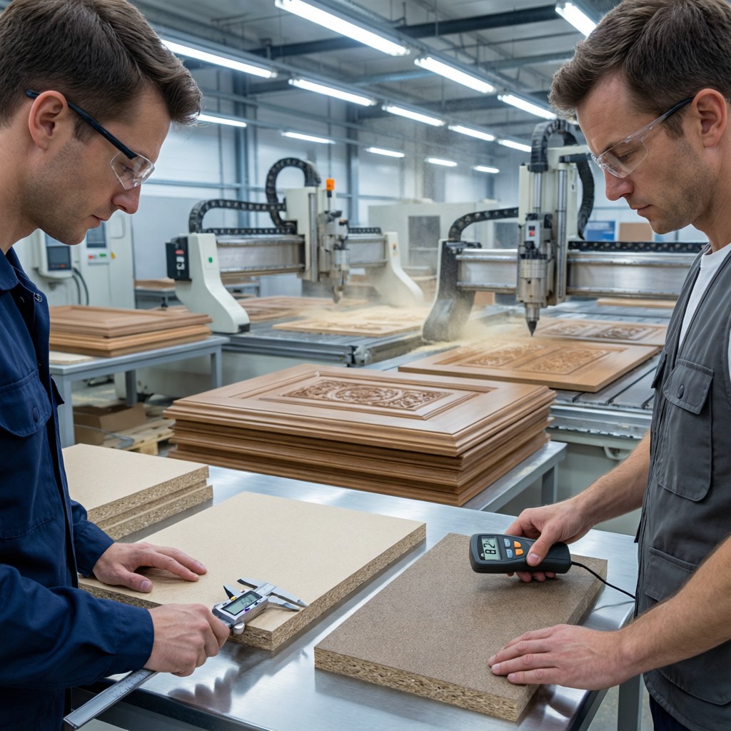 engineers comparing mdf and hdf panels i Engineers comparing MDF and HDF panels in factory with measurement tools