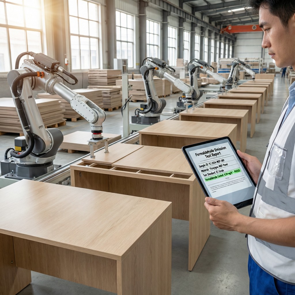 factory assembly line using yicaiyigou m Factory assembly line using Yicaiyigou MDF panels for office desks with inspector reviewing compliance report