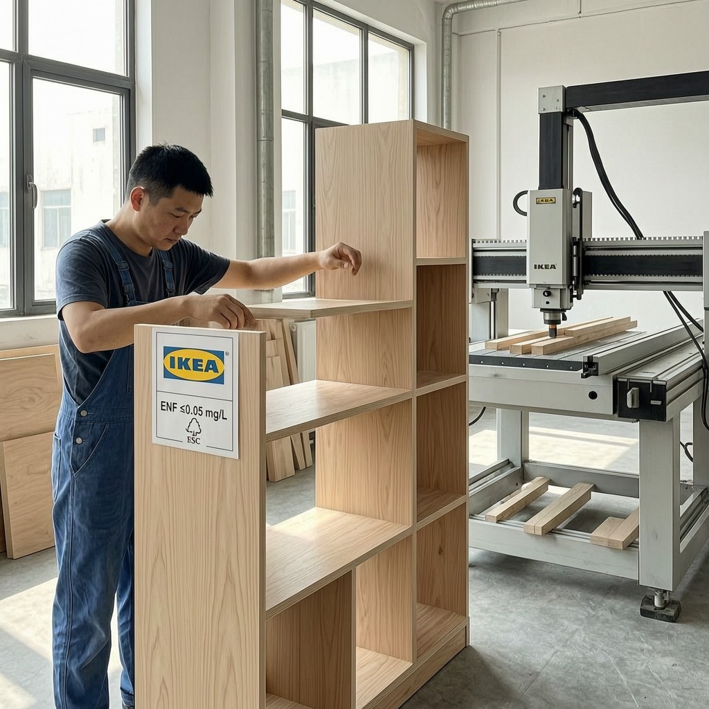 factory worker assembling furniture with Factory worker assembling furniture with certified MDF panels
