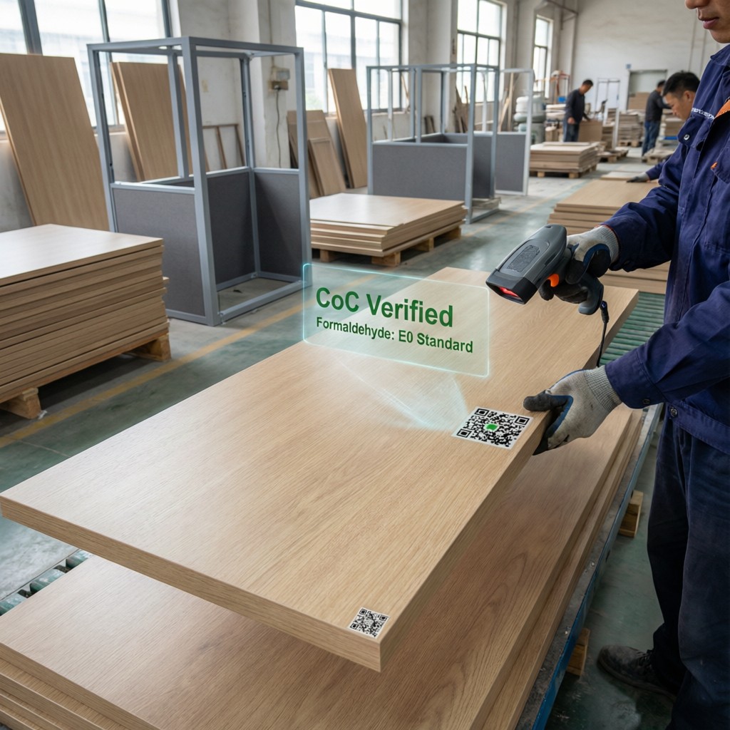 factory worker installing mdf panels wit Factory worker installing MDF panels with digital compliance verification