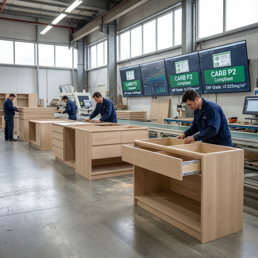 factory workers installing uv birch plyw Factory workers installing UV-birch plywood drawer sides with compliance dashboards visible