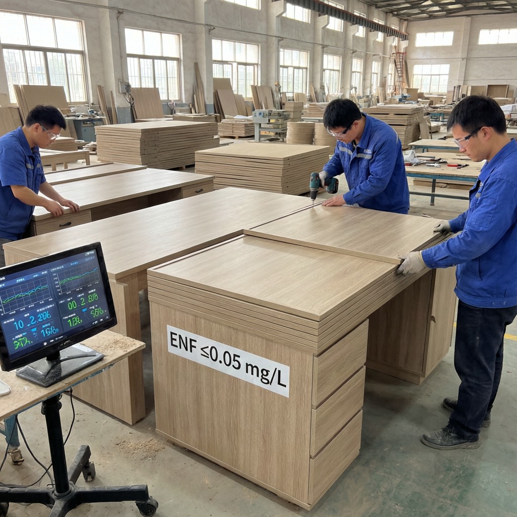 furniture engineers assembling desks wit Furniture engineers assembling desks with Yicaiyigou ENF-certified particleboard under performance testing