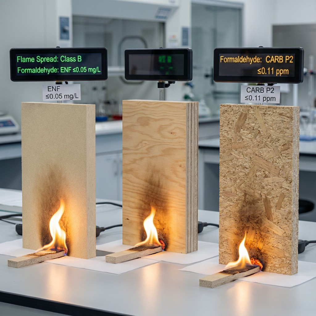 lab comparison of fire rated panels unde Lab comparison of fire-rated panels under burn test with emission readouts
