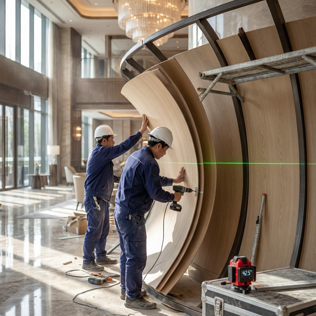 professional installation of flexible md Professional installation of flexible MDF on curved commercial interior framework