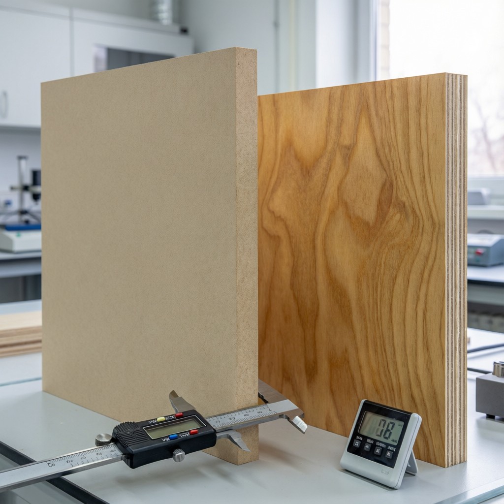 side by side mdf vs plywood panel compar Side-by-side MDF vs plywood panel comparison with measurement tools in lab setting