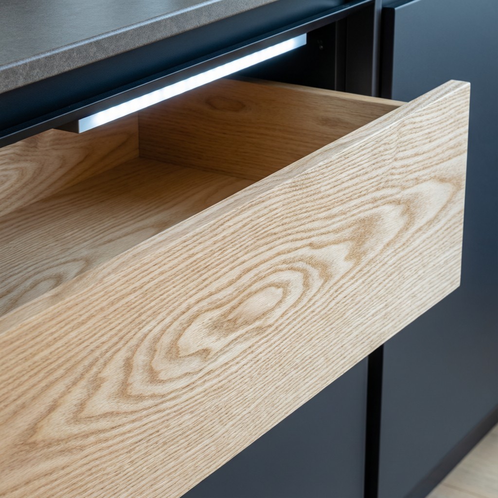 uv birch plywood drawer side in luxury k UV-birch plywood drawer side in luxury kitchen cabinet with LED lighting highlighting finish