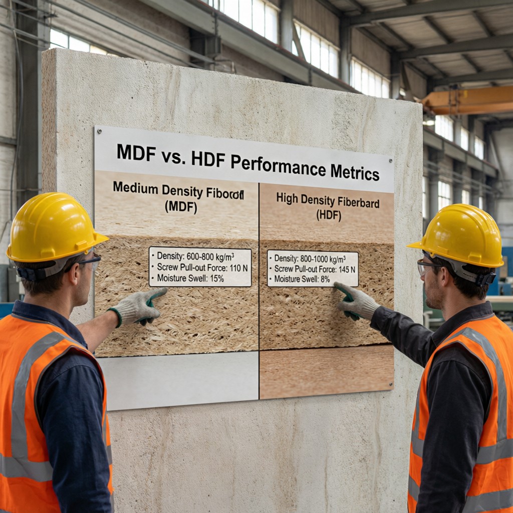 visual chart comparing mdf and hdf densi Visual chart comparing MDF and HDF density and performance metrics in factory setting