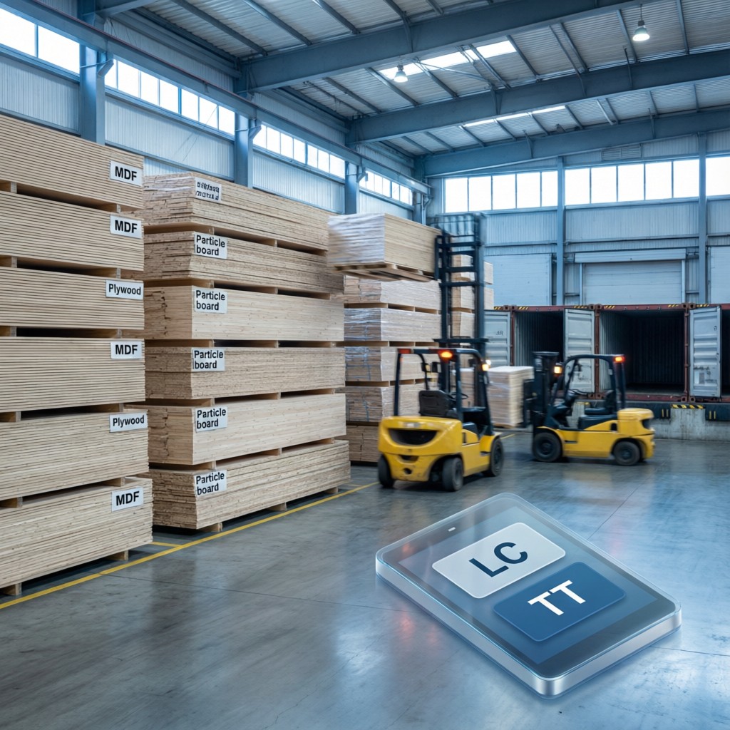 warehouse loading wood panels into conta Warehouse loading wood panels into containers with payment method interface overlay