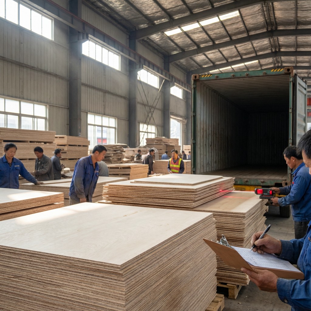 warehouse team inspecting wood panels be Warehouse team inspecting wood panels before container loading with measurement tools