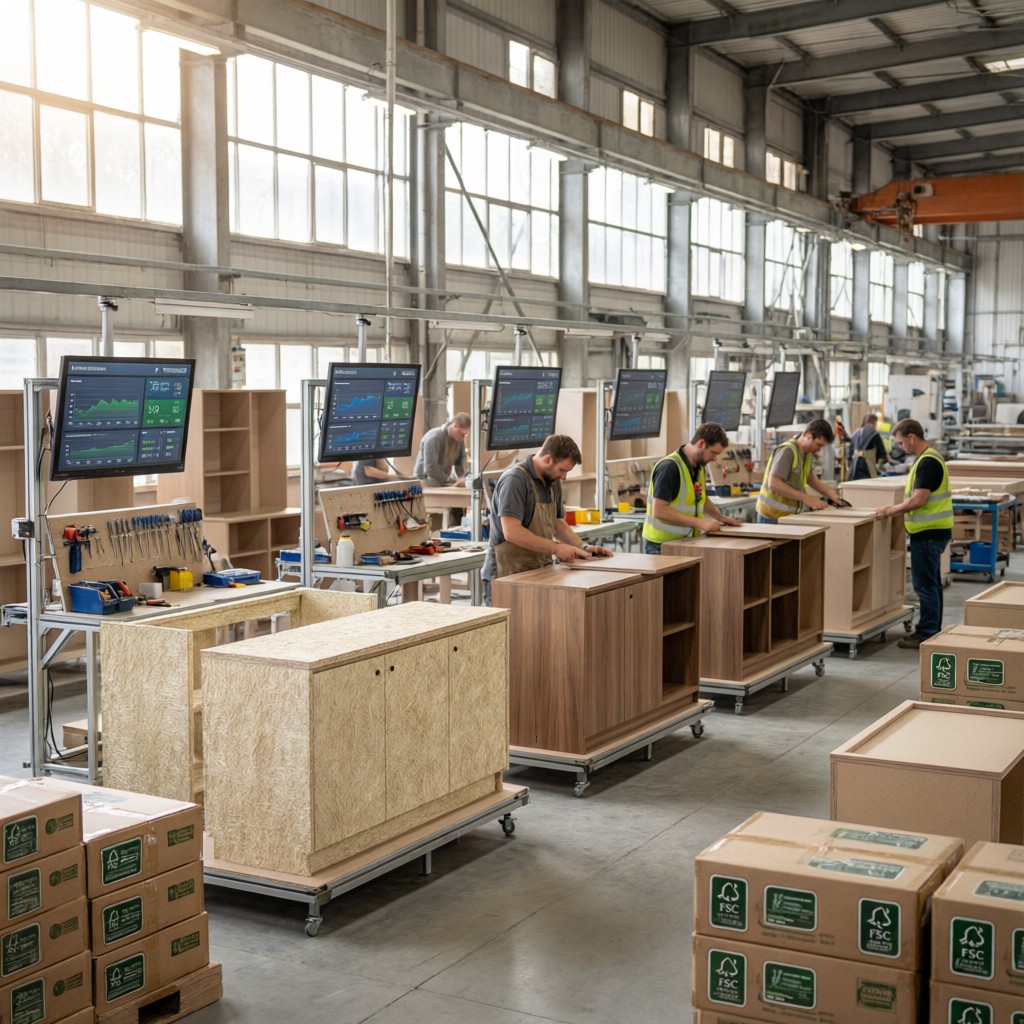 workers assembling cabinets with straw b Workers assembling cabinets with straw-based and wood-based MDF panels in a factory with emissions data displayed