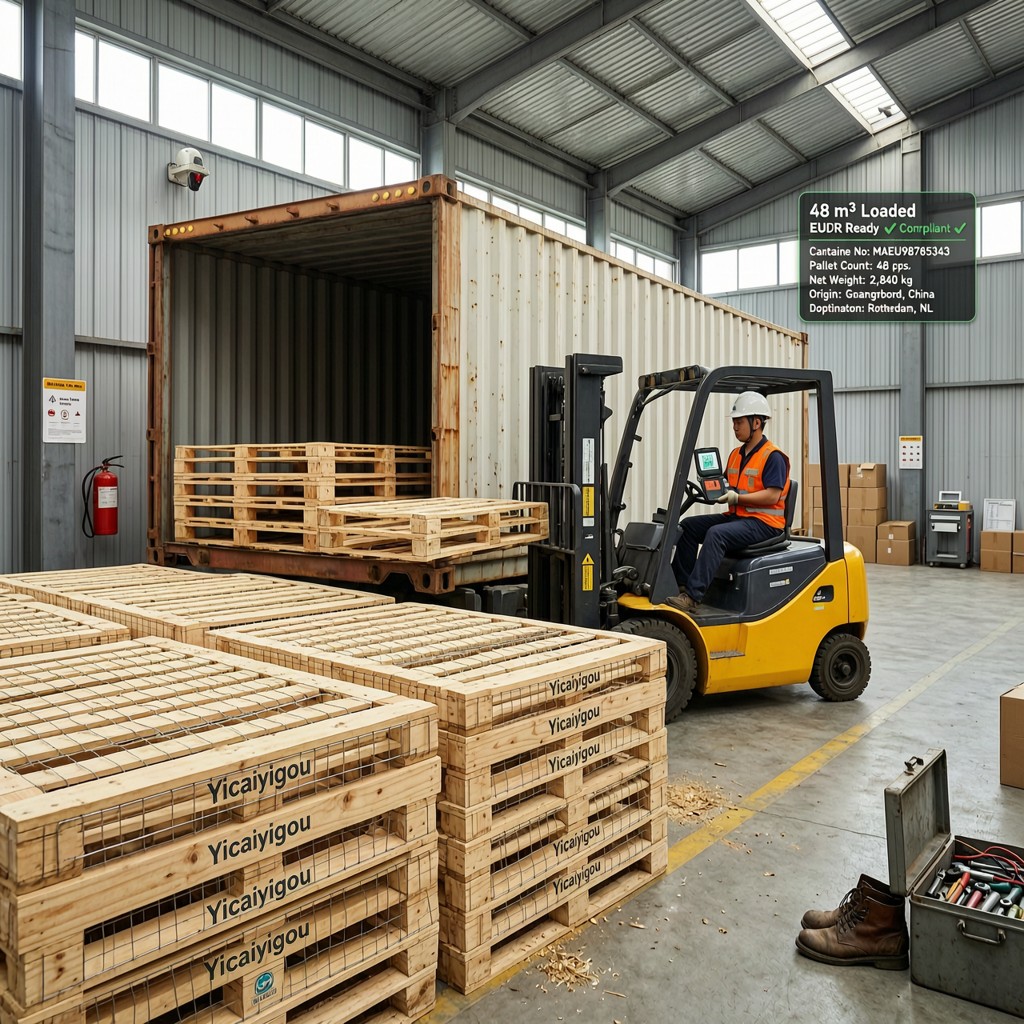 yicaiyigou warehouse loading 48 m of wi Yicaiyigou warehouse loading 48 m³ of wiremesh plywood into 40ft container with CoC QR code scan