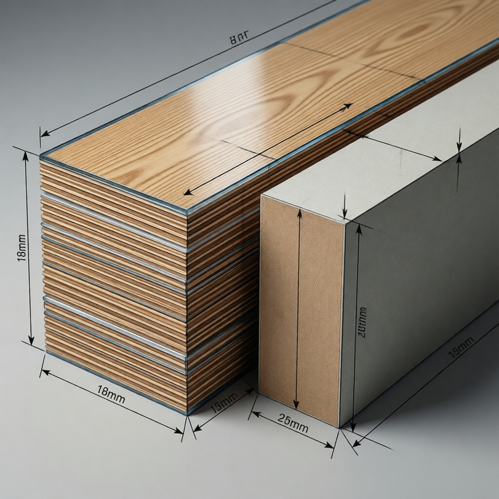 UV-coated plywood cross-section technical layers Cross-section technical diagram comparing UV-coated plywood layers and homogeneous MDF