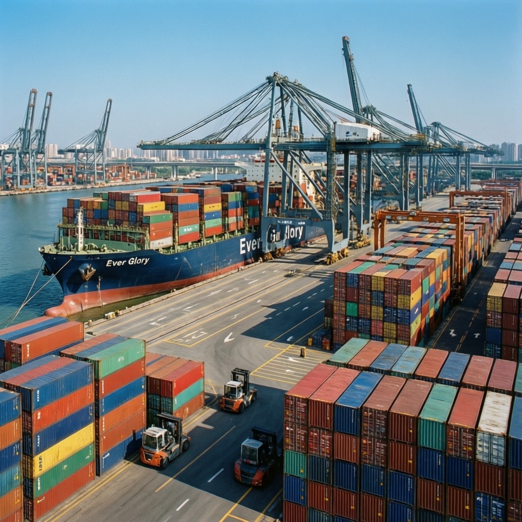 busy container terminal illustrating qin Busy container terminal illustrating Qingdao vs Lianyungang port logistics operations
