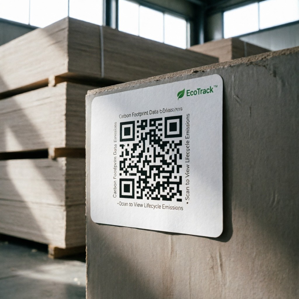 Carbon traceability label on wood export container illustrating global carbon credit wood export impact