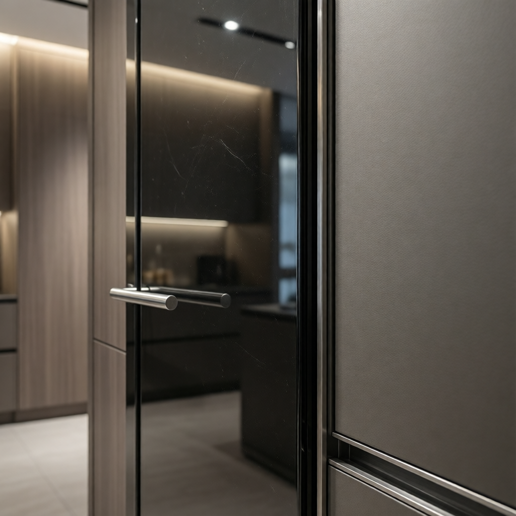 High-gloss UV-coated plywood cabinet door next to matte melamine MDF panel in luxury kitchen setting