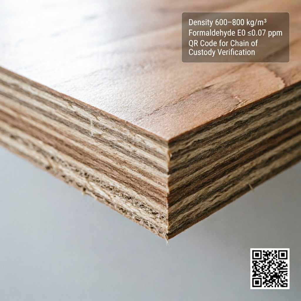 close up of structural plywood with digi Close-up of structural plywood with digital overlay of technical specifications and compliance data