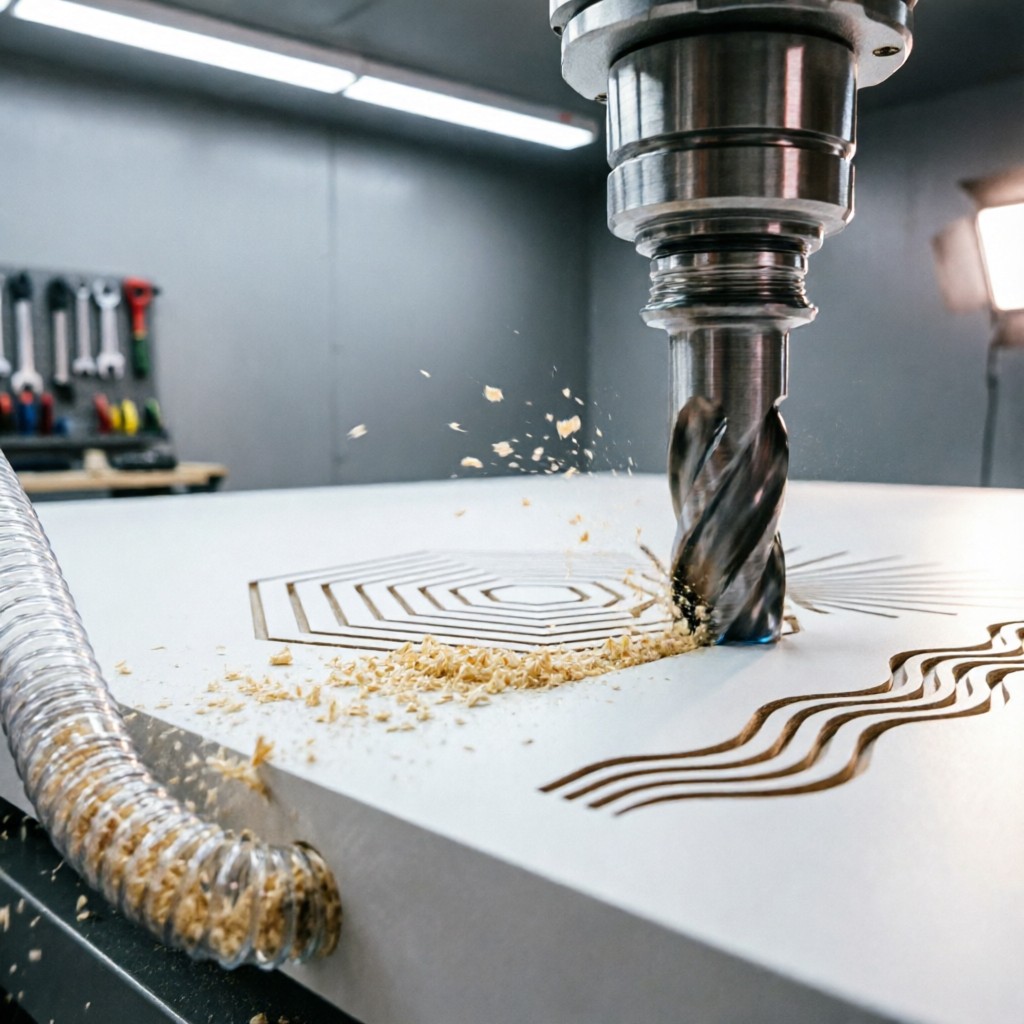 cnc router executing intricate design on CNC router executing intricate design on precision MDF panel with clean edges