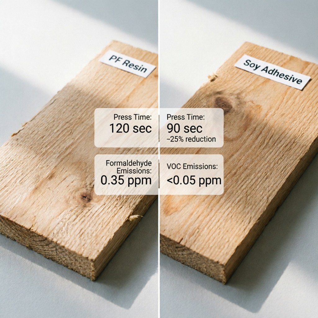 Comparison chart showing press time reduction and emission levels for PF Resin vs Soy Adhesive panels