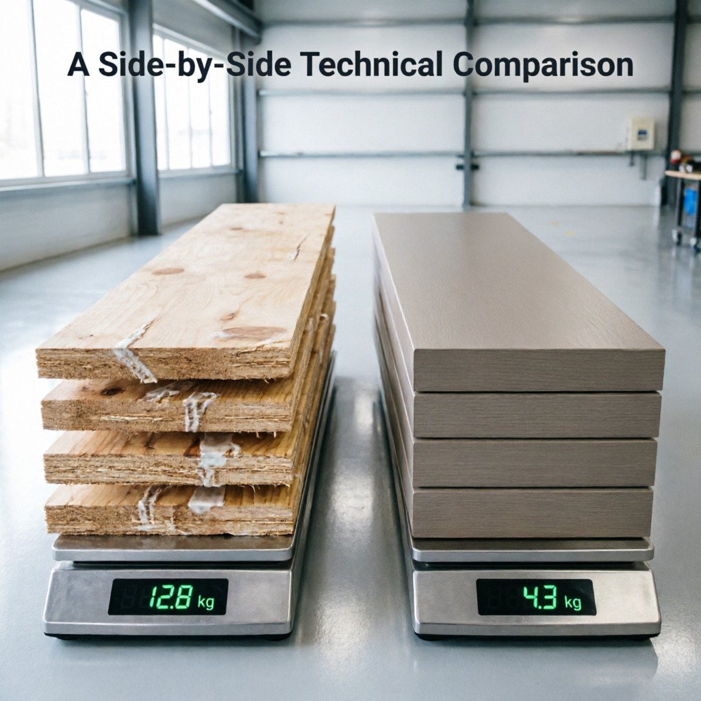 Comparison of heavy birch plywood and lightweight engineered RV interior panels on a workshop scale