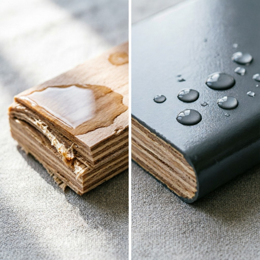 comparison of sealed vs unsealed plywood Comparison of sealed vs unsealed plywood edges showing water resistance