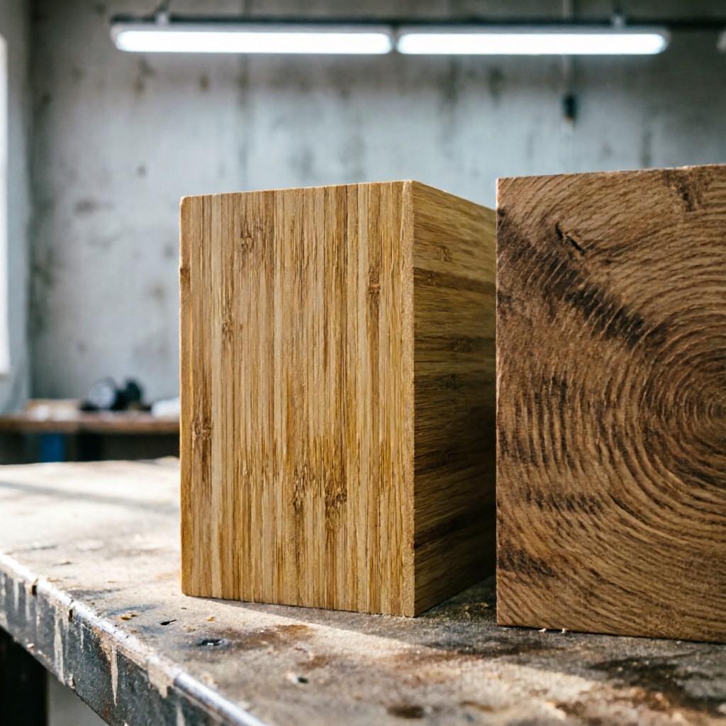 cross section comparison of high density Cross-section comparison of high-density bamboo core panel versus solid oak showing structural density