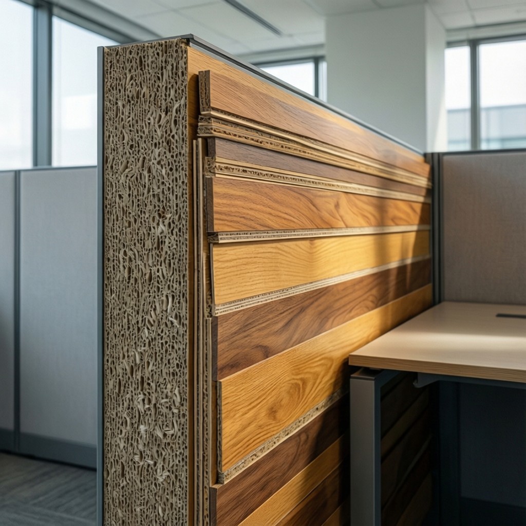Cross-section comparison of precision MDF and structural plywood cores in modular office partitions
