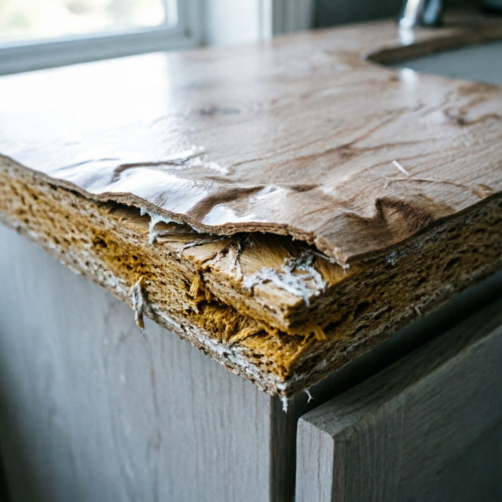 cross section of swollen mdf vanity pane Cross-section of swollen MDF vanity panel showing delamination failure