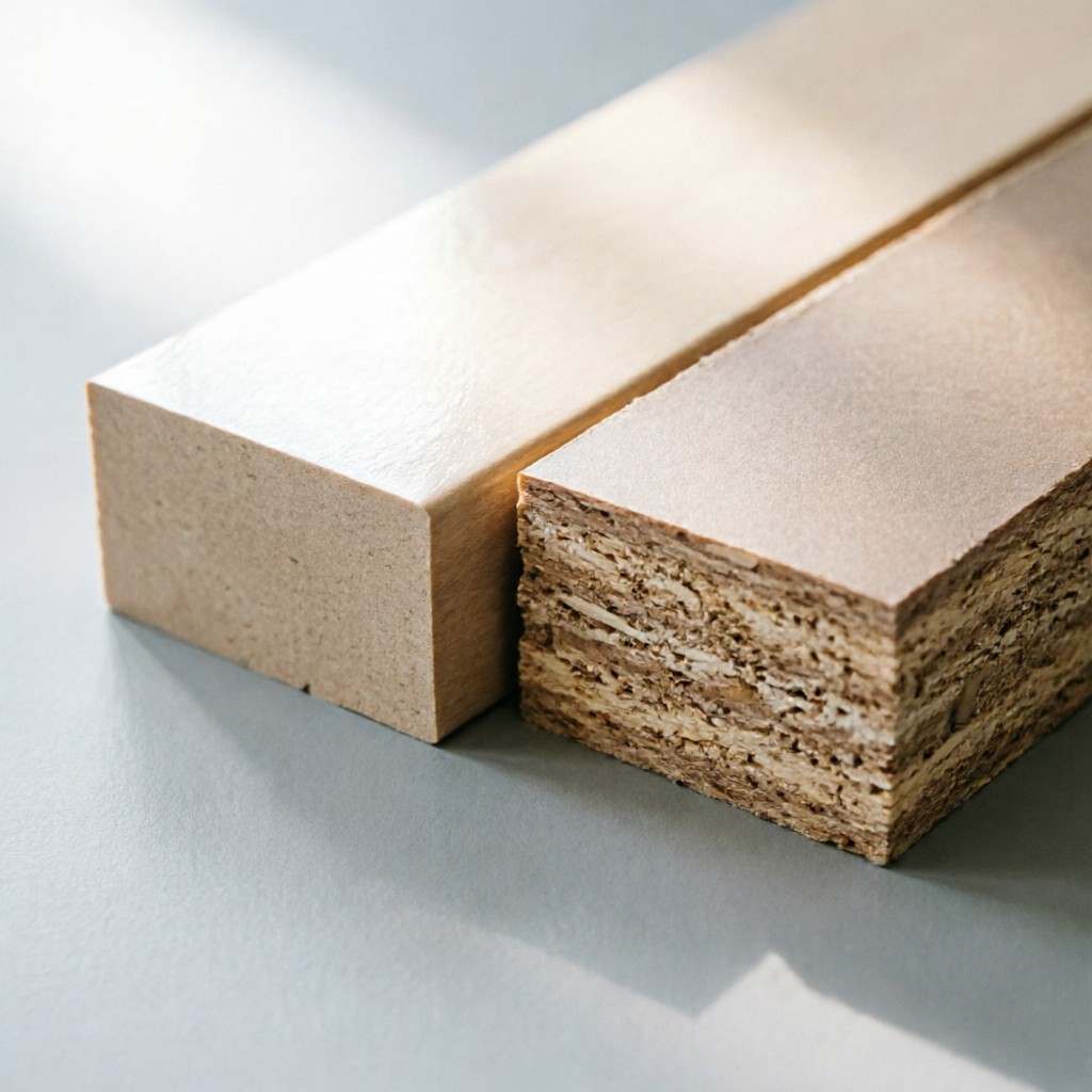 Cross-section view of MDF and Particleboard showing density specifications for carbon-efficient manufacturing
