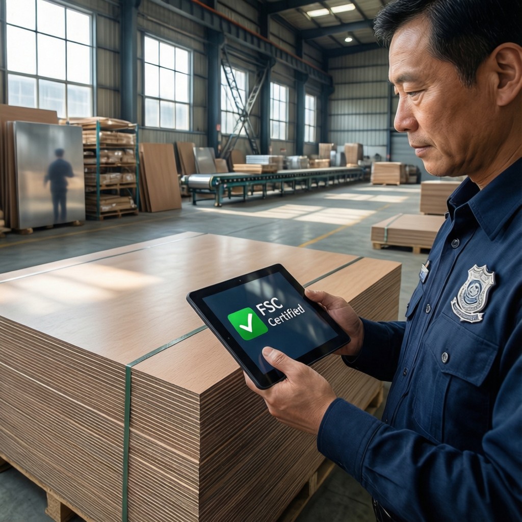 customs officer verifying fsc pefc custo Customs officer verifying FSC PEFC customs compliance for MDF panels