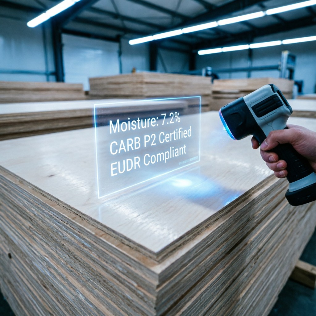Digital scanning of plywood inventory for real-time moisture and certification data in modern warehouse