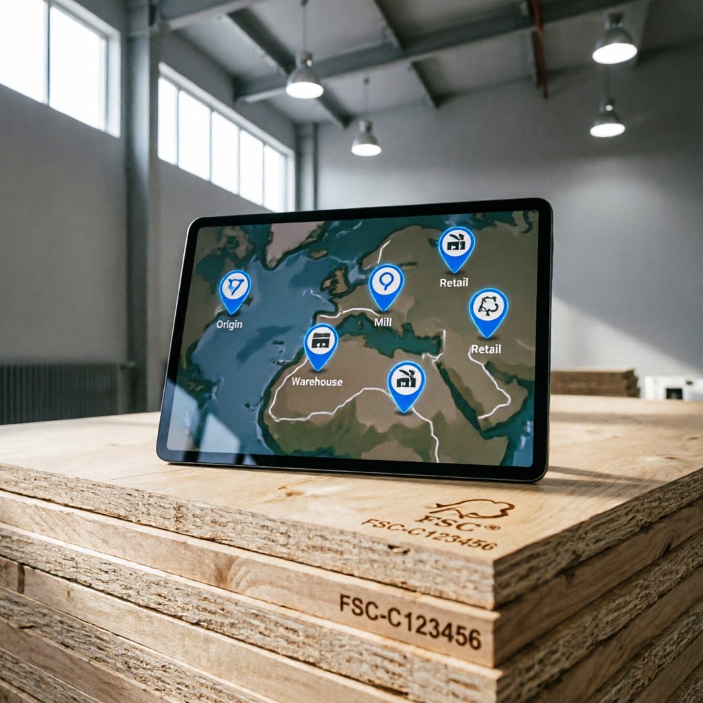 digital traceability interface showing g Digital traceability interface showing geolocation data for FSC-certified wood panels