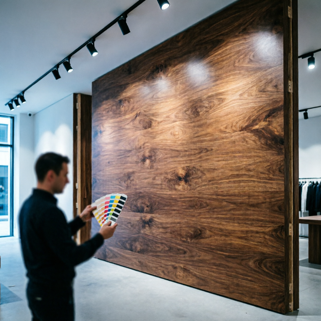 Customizing Veneers for Luxury Retail Store Displays - luxury retail veneer installation scene with engineered wood panels