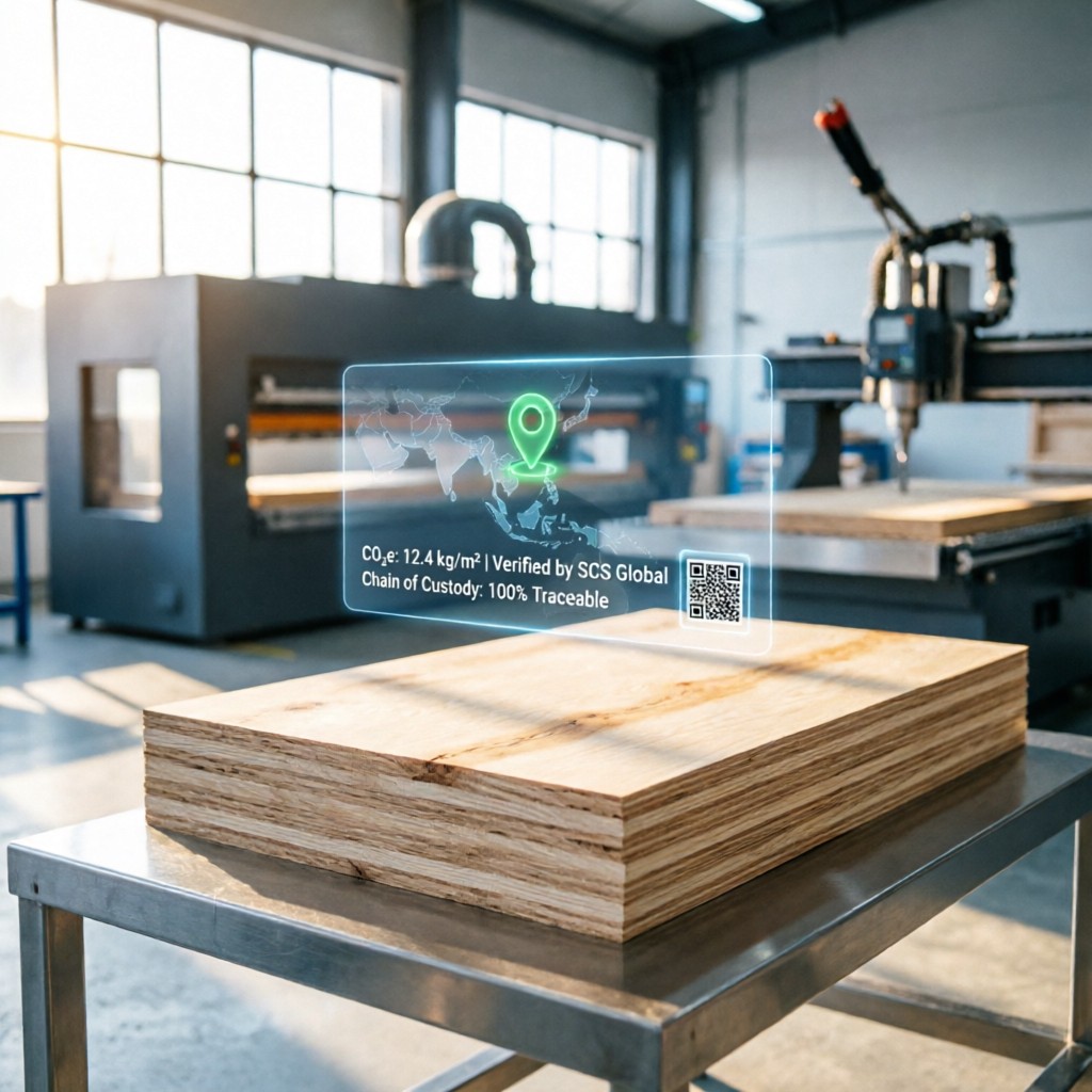 Digital traceability interface showing geolocation data for FSC-certified wood panels meeting global retail sustainability r