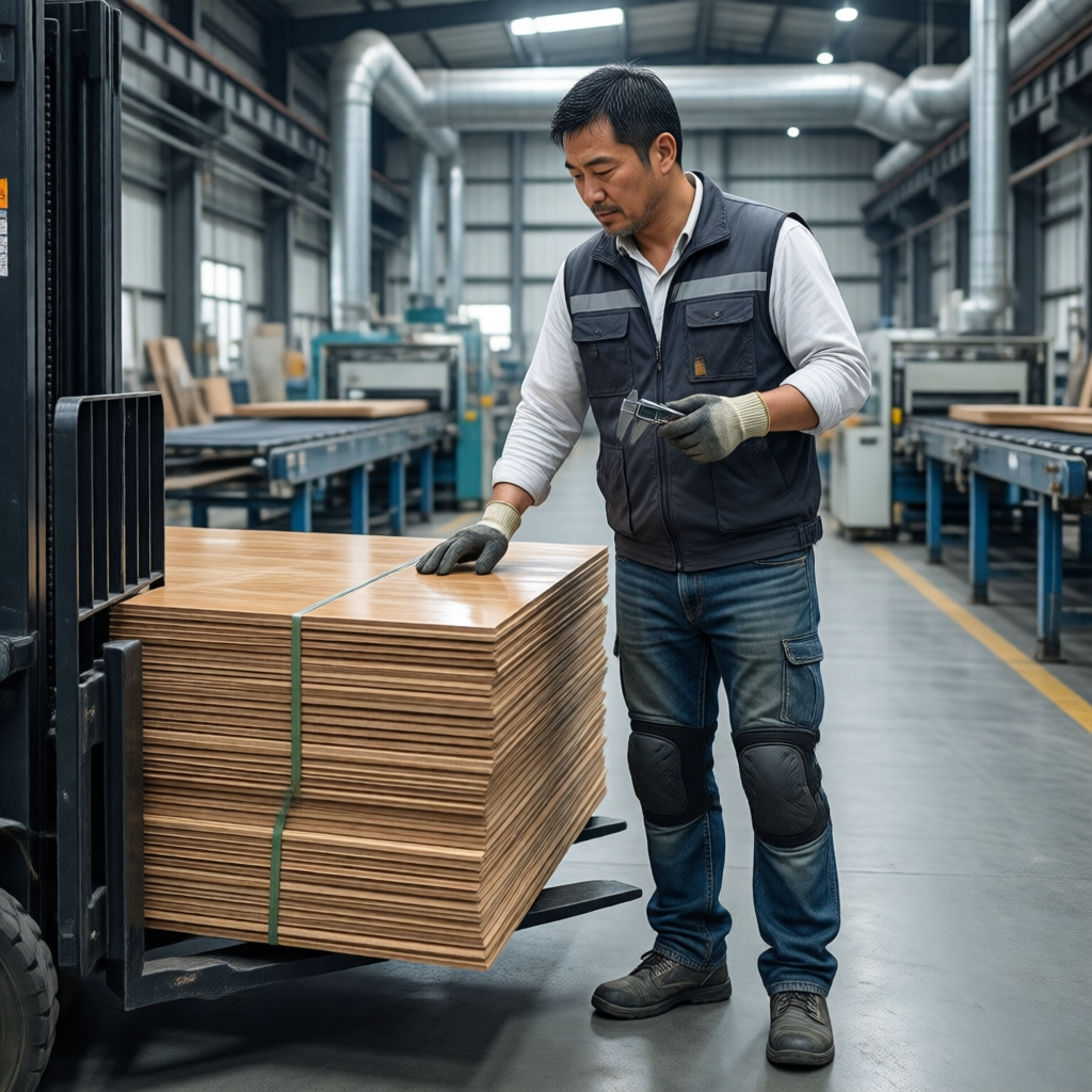 UV-coated plywood quality inspection at lumber facility Factory worker inspecting 2440x1220mm UV-coated plywood sheets in a lumber facility