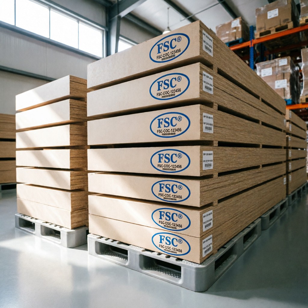 fsc certified engineered wood panels sta FSC-certified engineered wood panels stacked in warehouse with Chain of Custody labels