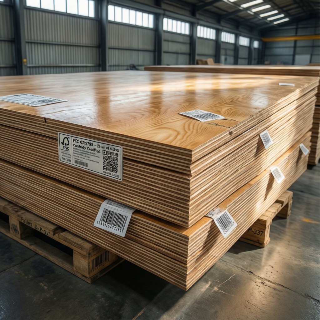 fsc certified marine plywood stacks with FSC-certified marine plywood stacks with Chain of Custody documentation in warehouse
