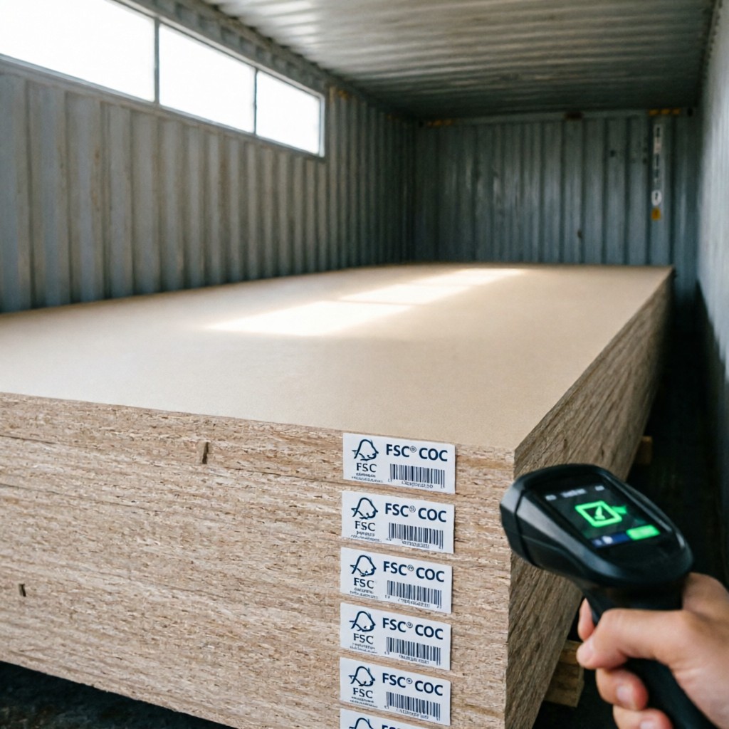 FSC-certified MDF panels with CoC labels in shipping container