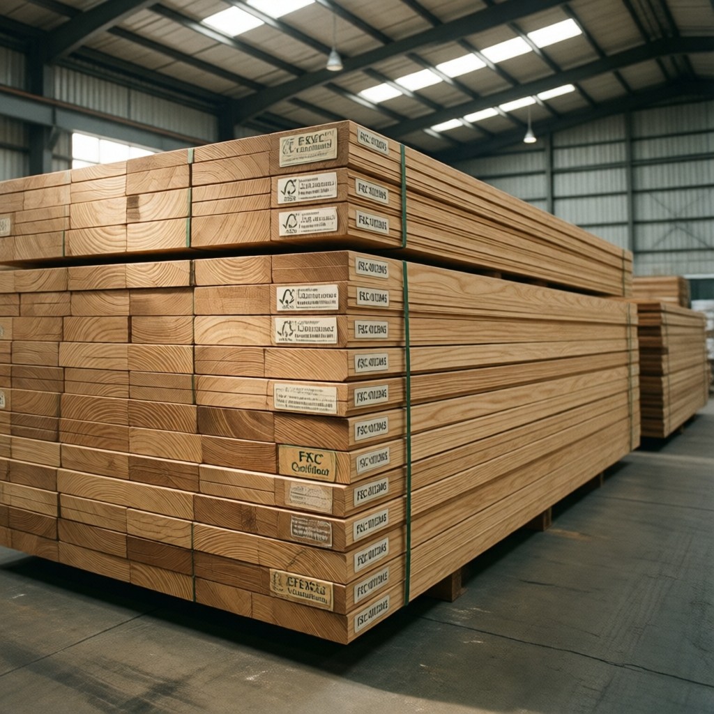 FSC-certified panels with Chain of Custody labels in warehouse