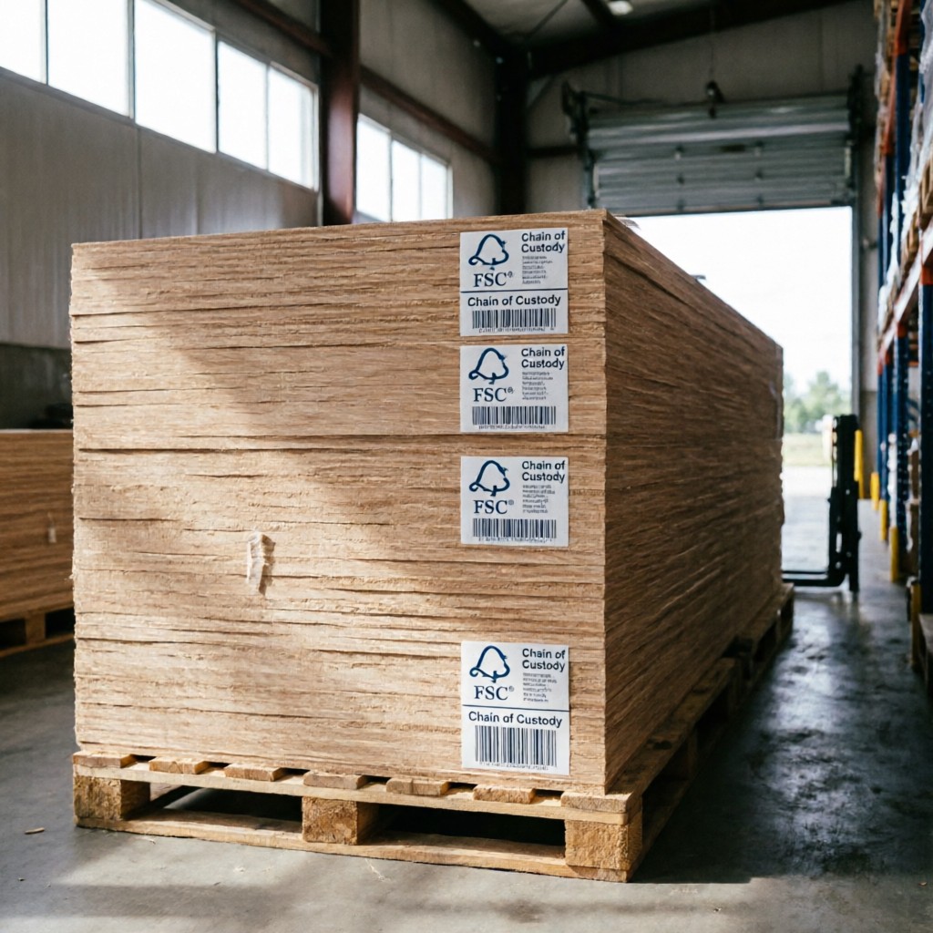 FSC-certified plywood panels with Chain of Custody labels ready for export