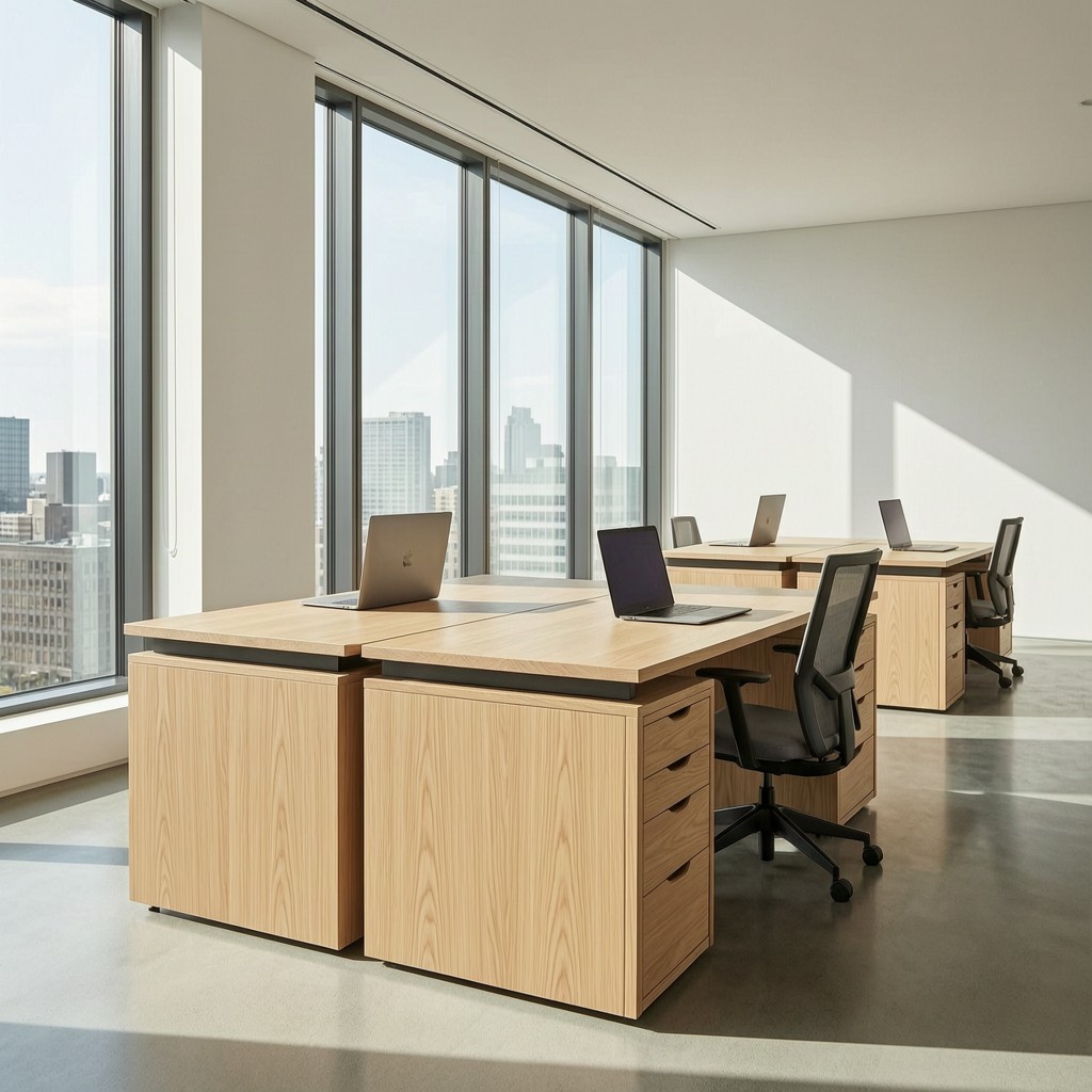 Hardwood veneer finished office furniture in modern workspace