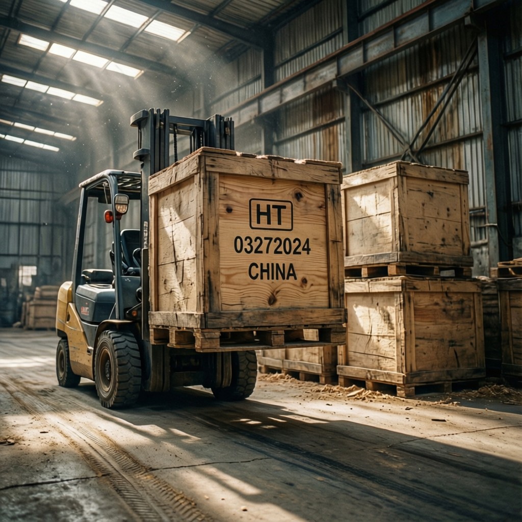 heavy duty low grade plywood industrial Heavy-duty low-grade plywood industrial packing crate with ISPM 15 stamp being lifted by forklift
