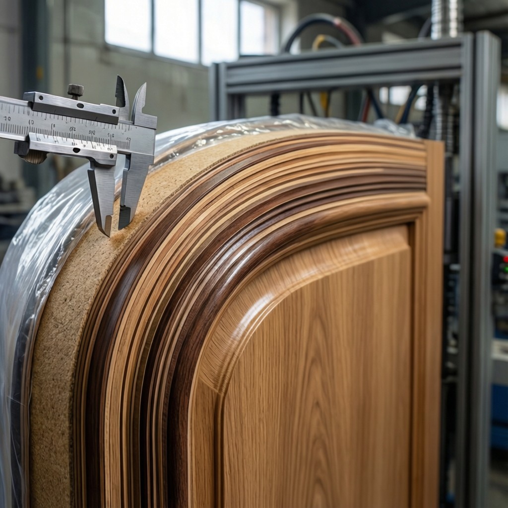 industrial vacuum pressing of curved cab Industrial vacuum pressing of curved cabinet door core material showing layer structure
