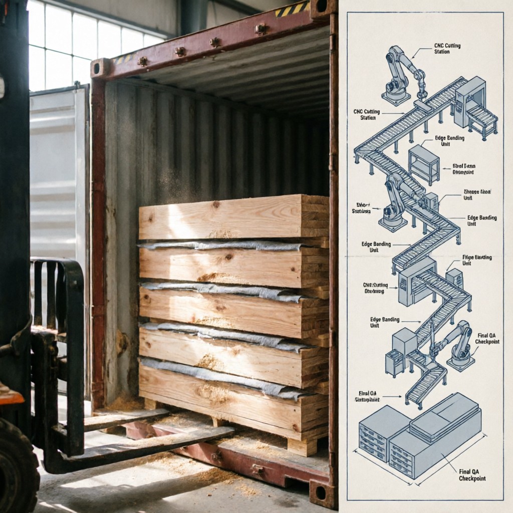 Loading precision wood panels into shipping containers for global export