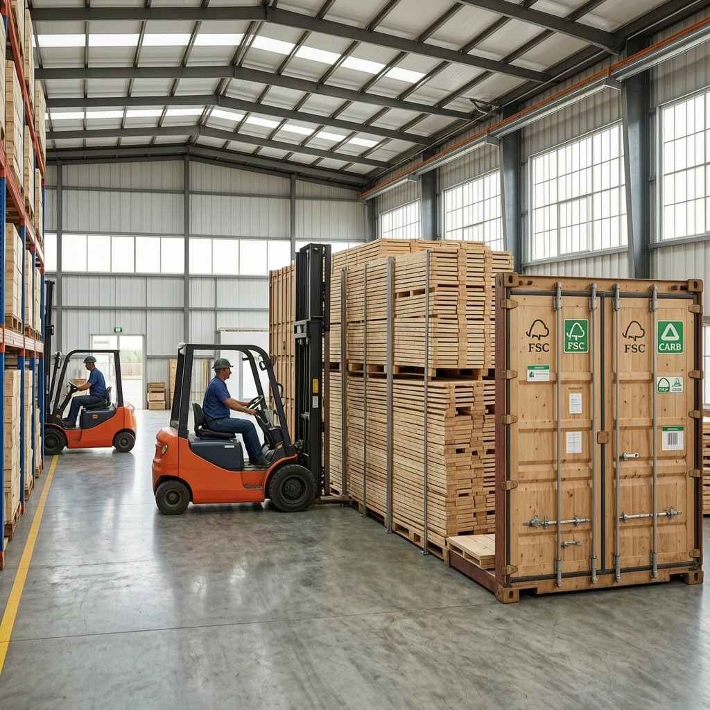 logistics operation showing fsc certifie Logistics operation showing FSC certified plywood loading for export