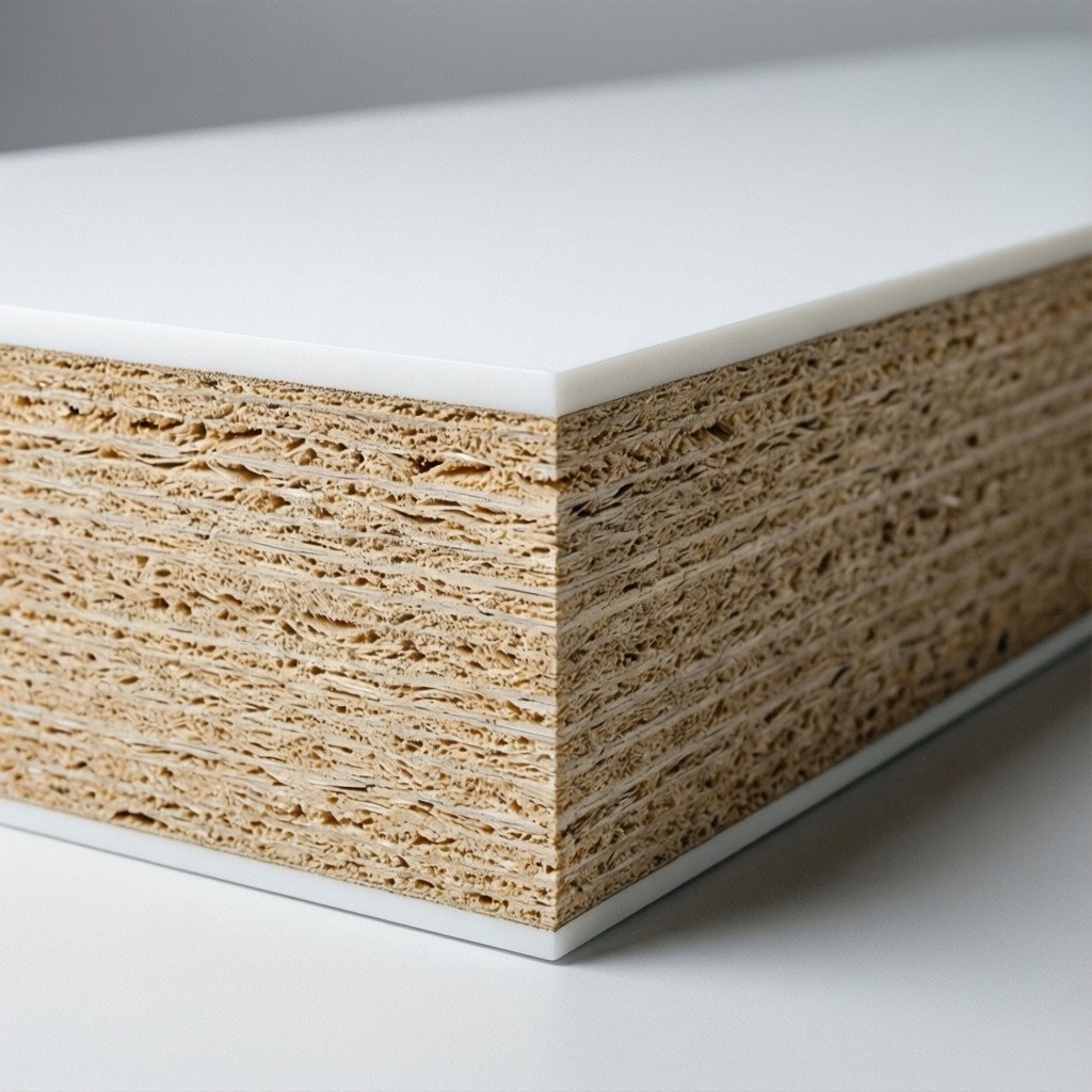 melamine board substrate density e0 vs enf specs Cross-section of melamine board substrate density specifications showing core layers